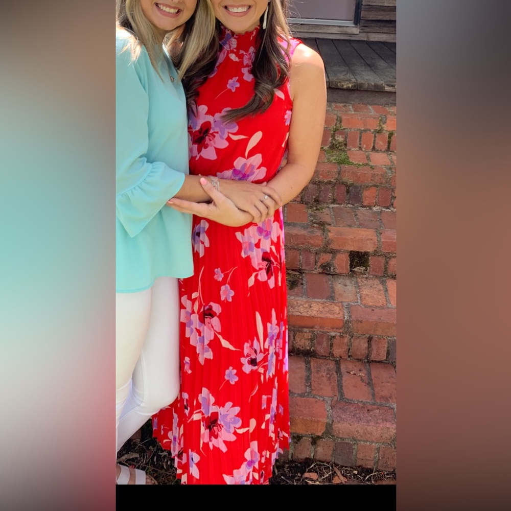 high neck pleated bottom red maxi floral dress